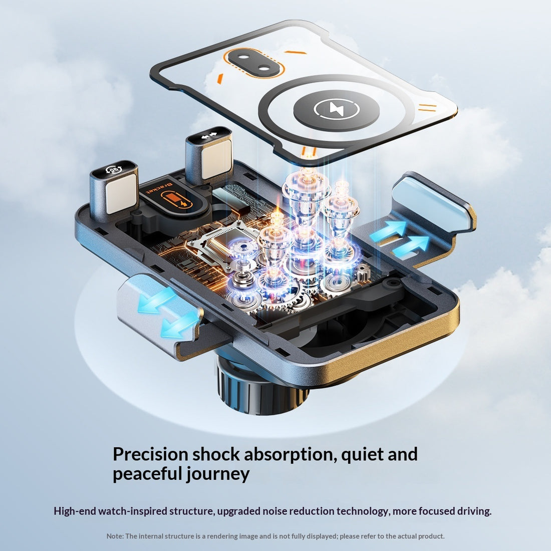 Wireless charging car phone mount showcasing precision shock absorption and upgraded noise reduction technology.