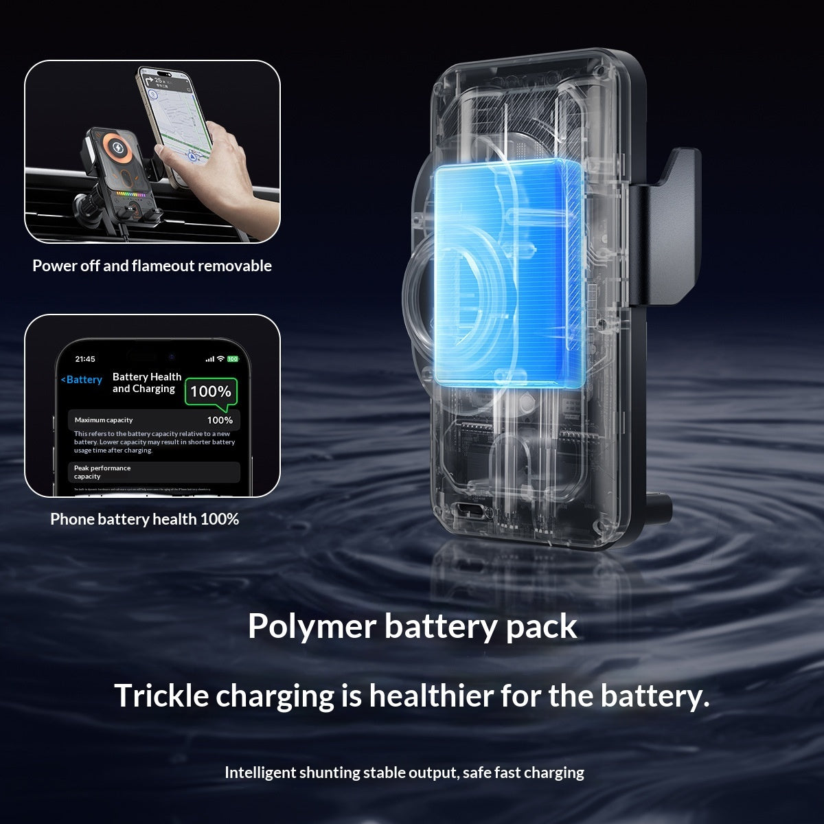 Wireless charging car phone mount featuring a polymer battery pack and trickle charging for optimal battery health.