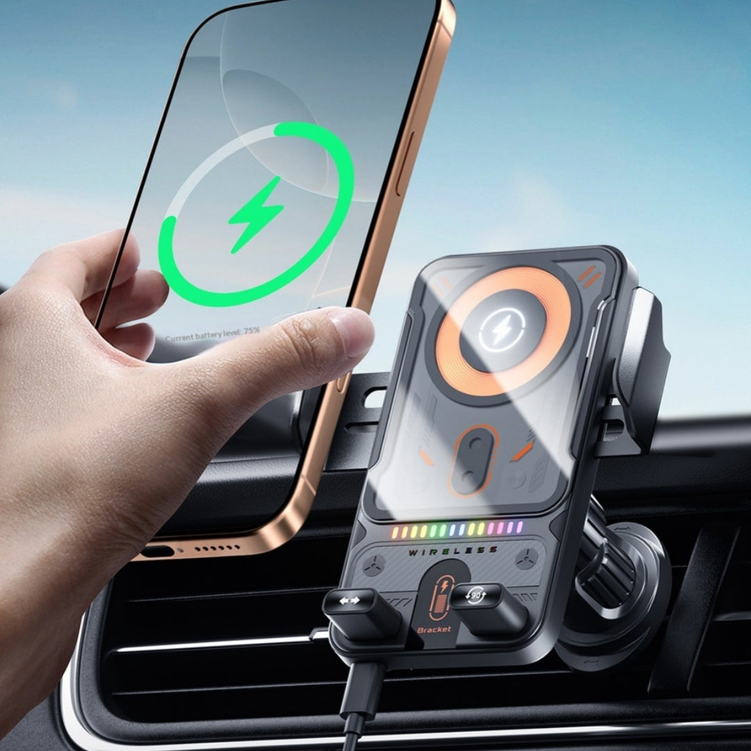 Wireless charging car phone mount for convenient charging and secure phone placement in vehicles.